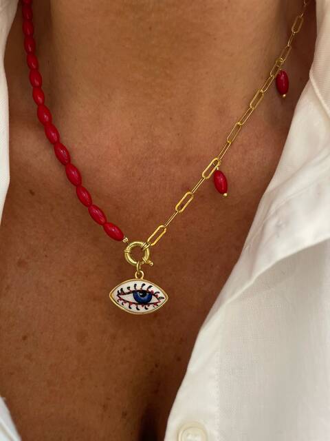 Clip Chain Red Coral Stone-set SERAMİK Eye Necklace