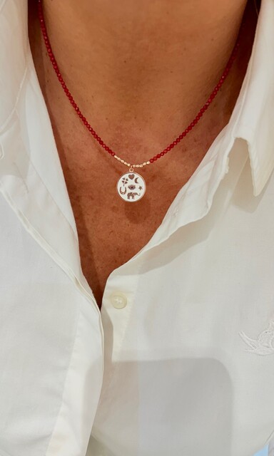 Shine_bypin - BEYAZ MİNELİ MERCAN TAŞLI ŞANS KOLYESİ