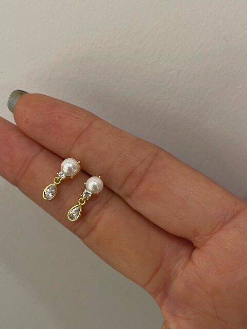 DAMLA TAŞLI İNCİLİ GOLD KÜPE - Thumbnail