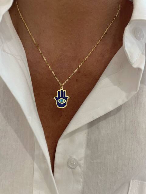 Navy Enamel HAMSA ELİ Necklace