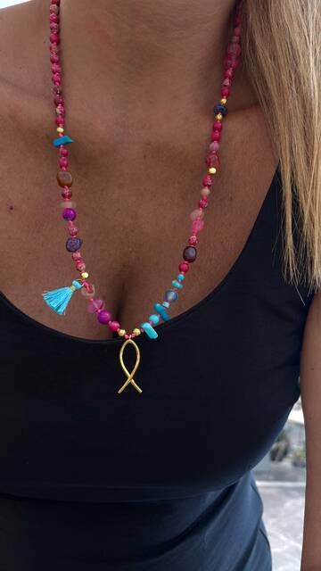 Turquoise & Pink Agate Stone-set Fish Necklace