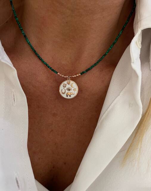 MALAHİT Stone-set White Enamel Luck Necklace