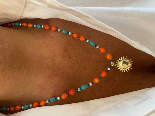 Coral Stone-set Sun Medallion Necklace