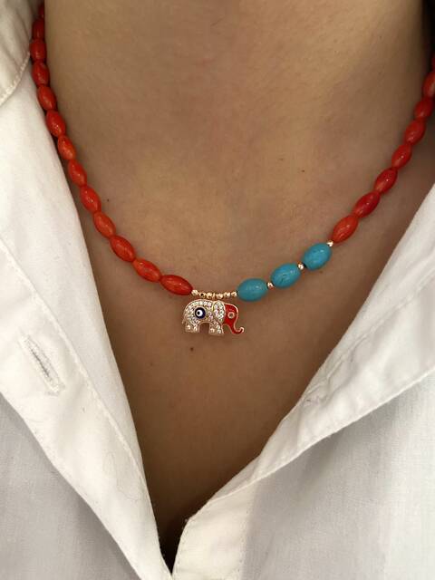 Coral Stone-set Rose FİL Necklace