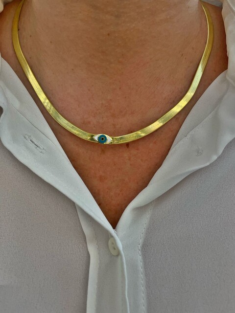 Shine_bypin - MİNELİ GÖZ NAZARLI GOLD YASSI İTALYAN KOLYE
