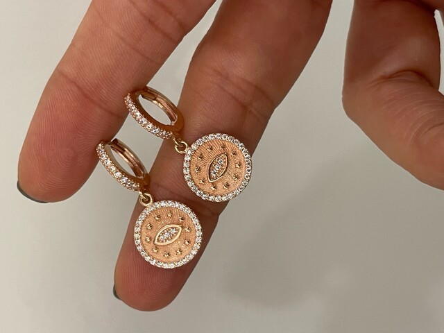 TAŞLI ROSE GÖZ HALKA KÜPE - Thumbnail