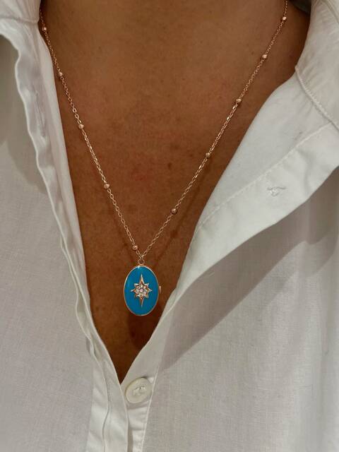 Turquoise Enamel Hinged Medallion Necklace